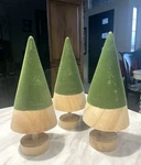 Set Of 3 Wooden And Green Velvet Winter Xmas Cone Trees Nwt. Fixed Price $40.00.
