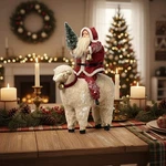 Ragon House Christmas 8" Santa W/ Sheep And Bottle Brush Tree Figurine. Fixed Price $59.00.