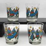 Set 4 Pier 1 Mod Christmas Trees & Stars Rocks Double Old Fashioned Glasses. Fixed Price $58.50.