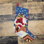 Handmade Needlepoint Christmas Stocking Santa Chimney Scene Holiday Decor. Fixed Price $52.00.