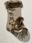 Woodland Squirrel Acorn Pinecone Holiday Christmas Stocking Embroidered Faux Fur. Fixed Price $29.99.