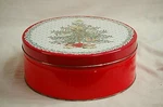 Classic Red Round Metal Tin Container Christmas Tree & Ornament Designs Storage. Fixed Price $24.99.