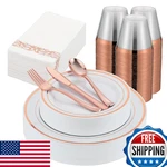 Isfangco 350PCS Rose Gold Plastic Plates For Guests, Disposable. Fixed Price $88.49.