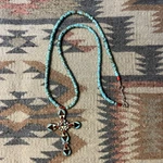 Zuni Inlay Cross Necklace, Sterling Silver, Blue Heishi, Signed Edaaki, #5210. Fixed Price $199.00.