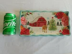 Pioneer Woman Holiday Barn Cow Serving Platter Stoneware Christmas 12" X 6". Fixed Price $26.00.