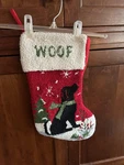 Glitzhome Dog Hooked Christmas Stocking, Black Lab, Winter Scene, Woof, 17" Long. Fixed Price $14.99.
