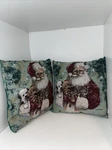 2 Riverdale Santa Dog Cat Christmas Green Tapestry Pillows By Giordano 15"X15". Fixed Price $35.00.