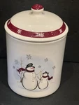 Royal Seasons Holiday Christmas Snowmen Stoneware Canister Cookie Jar Safe. Fixed Price $30.00.