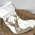 Pottery Barn Reindeer Embellished Velvet Christmas Stocking Med Ivory Bells. Fixed Price $49.00.