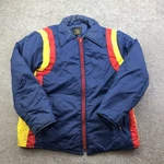 Vintage National Jacket Mens Medium Blue Puffer Full Zip Striped Nylon Retro. Fixed Price $48.98.