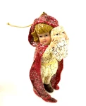 Bethany Lowe Christmas Ornament Girl Red Cape Holding Santa Mask Mica Glitter. Fixed Price $18.00.