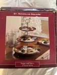St. Nicholas Square Hand Painted 3-TIER Cake Dessert Server Yuletide Christmas. Fixed Price $56.00.