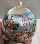 Vintage Satin Ball Ornament Merry Christmas 1984 Snowman Winter Scene Mark Alvin. Fixed Price $8.99.