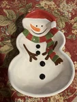 Tabletop Lifestyle Sporty Snowman Handpainted Handcrafted Ceramic Candy Nut Dish. Fixed Price $11.00.