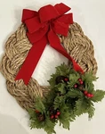 Vintage Flat Braided Rope Wreath Holiday Christmas Faux Greens Red Berries Bow. Fixed Price $19.99.