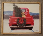 Yellow Dog In Little Red Truck With Christmas Tree Picture. Fixed Price $24.99.