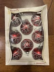 Box 8 Vintage Pyramid Rauch Christmas Round Mercury Glass Ornaments Red + Silver. Fixed Price $15.00.