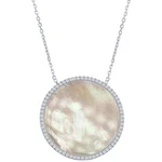 Classic Women's Necklace Sterling Silver Mother Of Pearl Disc With Cz M-5853. Fixed Price $120.79.