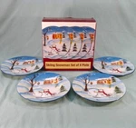 Christmas Skiing Snowman Set Of 4 Plates Stonelite 8-1/2 Inch New Open Box. Fixed Price $19.99.