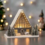 Ragon House Christmas Putz Style Light Up 13.75" Snowy Frame Cabin W/ Deer. Fixed Price $139.00.