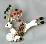 Lovely Christmas Reindeer Rhinestone Pearl Enamel Brooch Red Green. Fixed Price $8.99.