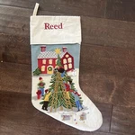 Nwot Pottery Barn Crewel Village Tree Trimming Christmas Stocking Mono Reed. Fixed Price $37.50.