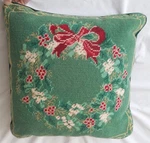 Vtg Needlepoint Christmas Pillow Wreath With Bow Cottagecore 13.5" X 13". Fixed Price $35.00.