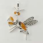 Cognac / Brown Baltic Amber Praying Mantis Pendant - 925 Sterling Silver #5224E. Fixed Price $42.95.