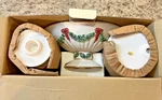 International Silver Company Ceramic Gold Rim 3 Pc Christmas Set Candle Holder. Fixed Price $13.99.