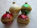 Gold Glitter Lace Trim Decorated Glass Ball Ornaments Lot 4 Vintage Christmas. Fixed Price $16.99.