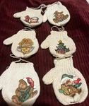 Vintage Christmas Ornaments Knit Mittens With Printed Holiday Design Set Of 6. Fixed Price $10.00.