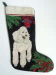 Vintage Needlepoint Poodle Christmas Stocking White Dog Red Bow Velvet Backing. Fixed Price $49.00.