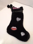 Victoria's Secret Plush Black Christmas Stocking Lips Love Diamond Poms 22". Fixed Price $14.00.