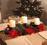 Christmas Centerpiece With 3 Candle Holders, Red Flowers Berries Pinecones Decor. Fixed Price $45.39.