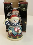 Vintage Kirkland Porcelain Skating Snowman Bell Ornament Box 4.75"L, Euc. Fixed Price $13.00.