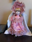 Vintage 15" Porcelain Doll Pink Victorian Lace Dress & Bonnet - World Bazaars Pa. Fixed Price $20.00.