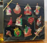 The Trimmerry 2003 Glass Tree Ornaments Asst. Snowman Santa Stockings 12 Count. Fixed Price $20.00.