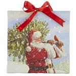 Raz 2022 6 Inch Santa Carrying Christmas Tree Lighted Canvas Ornament W/ Easel. Fixed Price $13.50.