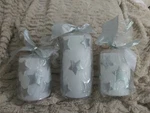 Set Of 3 Zodax Pillar White Candles With Silver Stars (one 6" & Two 4"). Fixed Price $23.00.