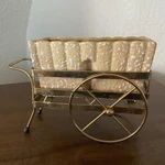 Vtg Mcm Pottery Planter In Brass Wheelbarrow Wagon Holder. Fixed Price $20.00.
