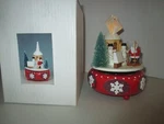 Kurt Adler Christmas Music Box Santa Snowman Wood Bottle Brush Trees. Fixed Price $15.00.