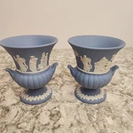 Pair Wedgwood Blue Jasperware Classical Figures Urn Vases Vintage England Qty 2. Fixed Price $36.00.