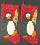 Santa's Best Christmas Stocking Pair 3D Penguin W/ Earmuffs 18" Vtg Felt Red. Fixed Price $36.00.