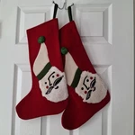 2 Crate & Barrel Santa Red Wool Christmas Stockings Applique Pom Holiday Euc. Fixed Price $28.75.