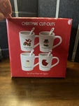 Oneida Christmas Cut-outs 4 Mugs With Spoons Nib Snowman, Santa, Poinsettia Car. Fixed Price $32.79.