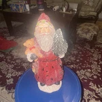Christmas 12.75 Inch Vintage Glittered Santa W/ Teddy Bear And Tree. Fixed Price $35.00.
