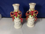 Holiday Home Accents Red Ribbon Ceramic Set Of 2 Candle Holders Christmas -B13. Fixed Price $9.00.