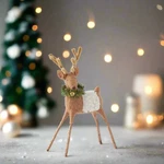 Primitive Farmhouse Christmas 8.25" Tan Wool Reindeer With Wreath And Bell. Fixed Price $18.00.