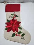 Christmas Stocking Red Poinsettia Holly Berry Applique Ivory Linen 20" Elegant. Fixed Price $19.99.