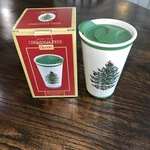 Spode, Christmas Tree Travel Mug, New Box, Msrp $30.00 Innovative Lid. Fixed Price $17.00.